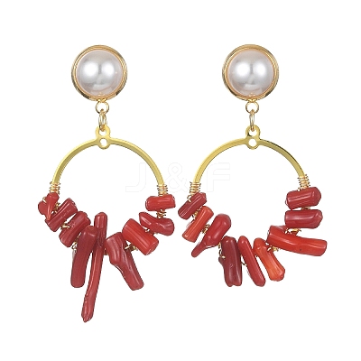 Dyed Synthetic Coral Irregular Column Beaded Dangle Stud Earrings EJEW-TA00293-1