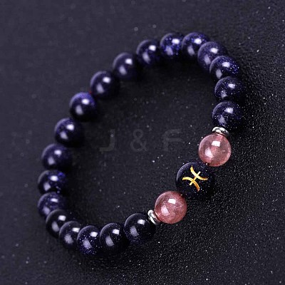 Pisces Round Synthetic Blue Goldstone & Natural Strawberry Quartz Stretch Bracelets for Women Men EA3132-4-1