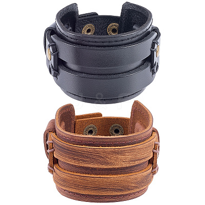 2Pcs 2 Colors Cowhide Cord Wide Cord Bracelets BJEW-CL0001-40-1