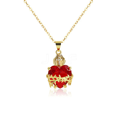 Brass Micro Pave Clear Cubic Zirconia and Red Resin Scared Heart Pendant Necklaces for Women FS-WG476F5-01-1