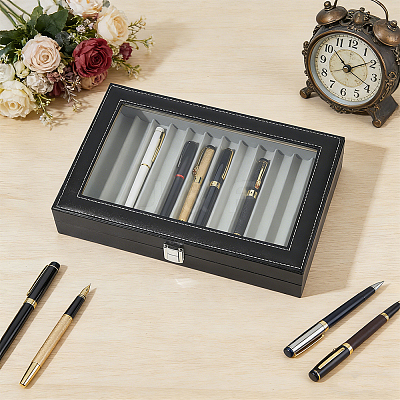 Black PU Leather Pen Organizer Boxes with Clear Glass Visible Window Lid CON-WH0107-129B-1