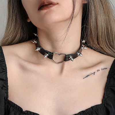 Adjustable Adjustable Gothic PU Leather Alloy Spike Rivet Heart Choker Necklaces for Women NJEW-WH20816-006P-B-1