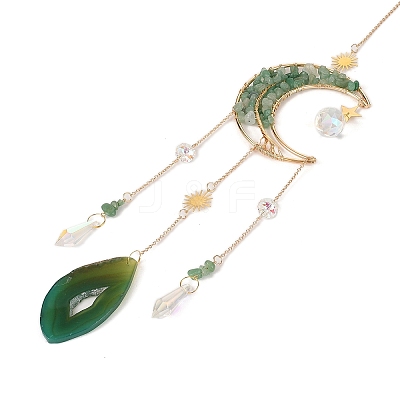 Wire Wrapped Natural Green Aventurine Moon with Tree of Life Pendant Decorations HJEW-K046-07G-04-1