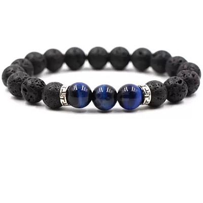 8MM Round Dyed Natural Blue Tiger Eye and Natural Lava Rock Beaded Stretch Bracelets for Couples BW4110-4-1