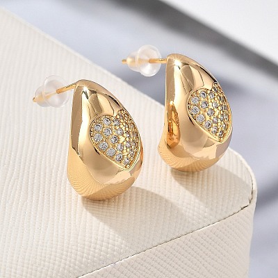 Teardrop Brass Micro Pave Clear Cubic Zirconia Stud Earrings EJEW-K286-07G-02-1