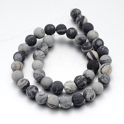 Frosted Round Natural Black Silk Stone/Netstone Bead Strands G-J338-14-10mm-1