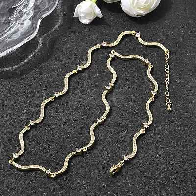 Brass Micro Pave Clear Cubic Zirconia Wave Link Chain Necklaces for Women NJEW-B157-22G-1