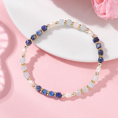 Natural Aquamarine & Natural Lapis Lazuli Cube Beaded Stretch Bracelets for Women BJEW-JB13390-03-1
