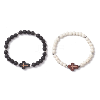 2Pcs Cross Natural Lava Rock & Synthetic Turquoise & Wood Round Beads Stretch Bracelets for Men Women BJEW-JB11832-1