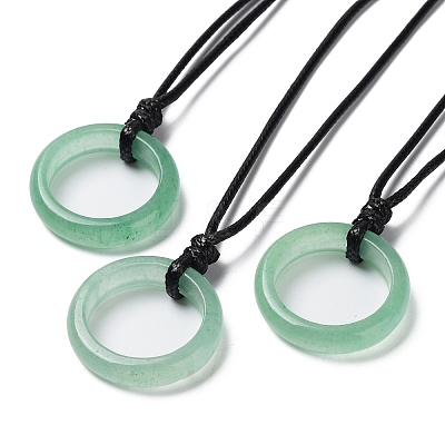 Natural Green Aventurine Ring Pendant Necklace with Waxed Cords NJEW-R262-01A-09-1