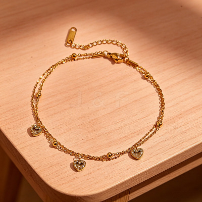 304 Stainless Steel Crystal Rhinestone Triple Heart Charm 2-Strand Anklets for Women WG509DE-01-1