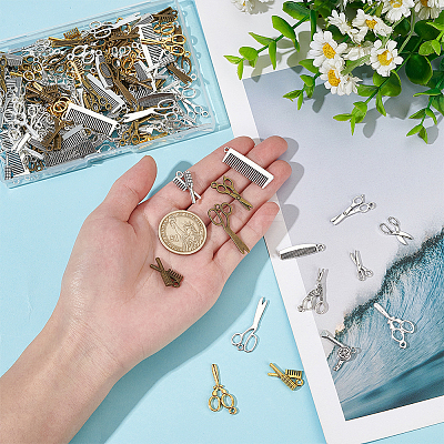 150Pcs 15 Styles Haircut Theme Tibetan Style Alloy Pendants FIND-ME0001-25-1