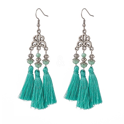 Polyester Tassel with Glass Beaded Chandelier Earrings EJEW-TA00183-01-1