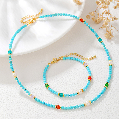 Round Synthetic Turquoise & Natural Red Agate & Freshwater Pearls Beaded Bracelets & Necklaces Sets for Women JT3894-3-1