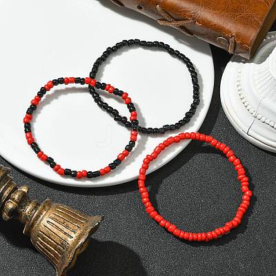 3Pcs 3 Styles Round Glass Seed Beaded Stretch Bracelet Sets BJEW-JB10749-01-1