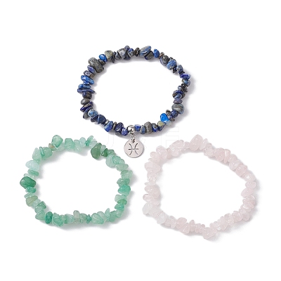 3Pcs 3 Styles Natural Green Aventurine & Rose Quartz & Lapis Lazuli Chips Stretch Bracelets Sets BJEW-JB11076-02-1