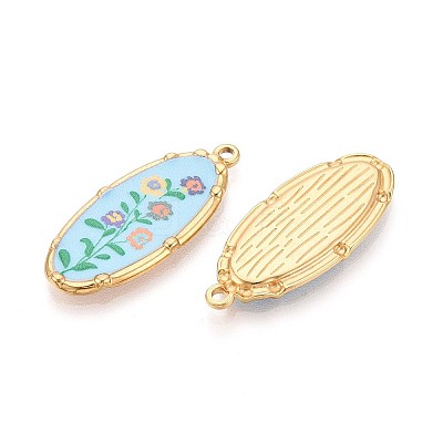 Printed Style 304 Stainless Steel Oval with Flower Pattern Pendants STAS-T071-27B-G-1