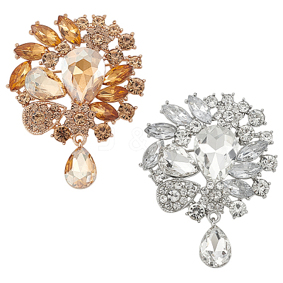 2Pcs 2 Colors Flower with Teardrop Zinc Alloy Rhinestone Brooch JEWB-GO0001-14-1