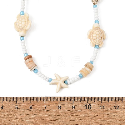 Summer Beach Dyed Synthetic Turquoise Starfish Turtle & Natural Shell & Glass Seed Beaded Necklaces for Women NJEW-JN06503-1