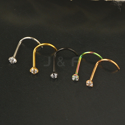 304 Stainless Steel Micro Pave Clear Cubic Zirconia Flat Round Fishtail Nose Rings WG924B3-02-1