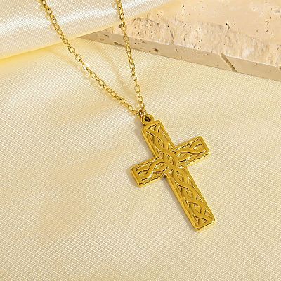 304 Stainless Steel Textured Religion Cross Pendant Necklaces WG0F8DA-01-1