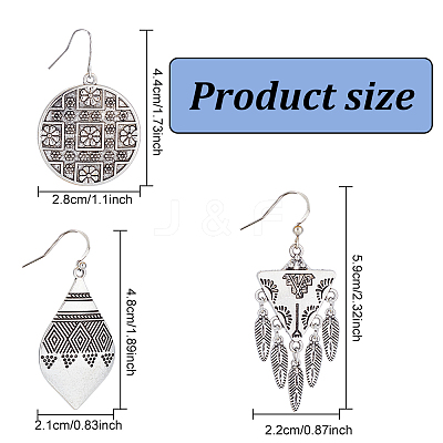 3 Pairs 3 Style Bohemia Teardrop & Flat Round & Triangle Alloy Geometry Dangle Earrings for Women EJEW-AN0002-25-1