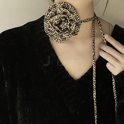 Leopard Print Pattern Fabric Rose Tie Choker Necklaces for Women LS-NJEW-Z022-01H-1