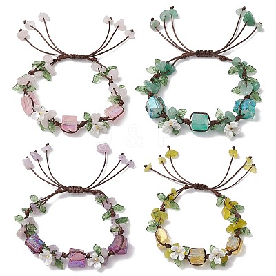 4Pcs Electroplated Natural Rose Quartz & Amethyst & Green Aventurine Olive Jade Chip Bead Braided Bead Bracelets for Women BJEW-TA00610-1