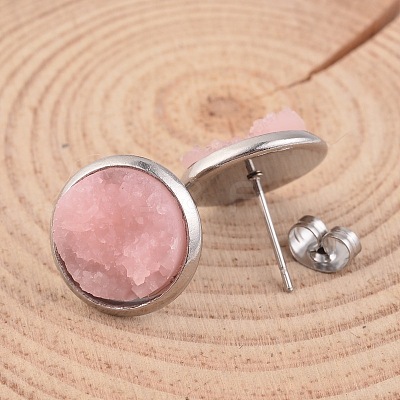 Flat Round 304 Stainless Steel Druzy Resin Ear Studs EJEW-JE01964-1