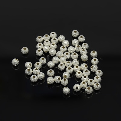 4mm Silver Color Plated Brass Round Textured Beads X-EC247-S-1