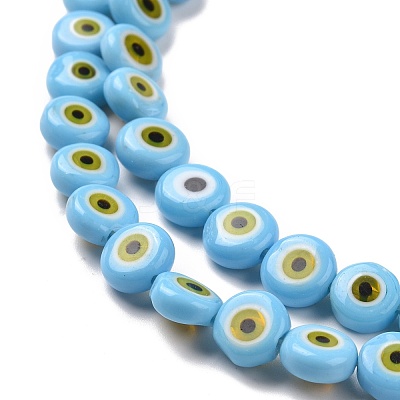 Handmade Evil Eye Lampwork Flat Round Bead Strands LAMP-L058-8mm-17-1