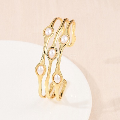 22MM Brass & ABS Plastic Pearl 3 Line Cuff Bangles for Women BJEW-L707-01G-1