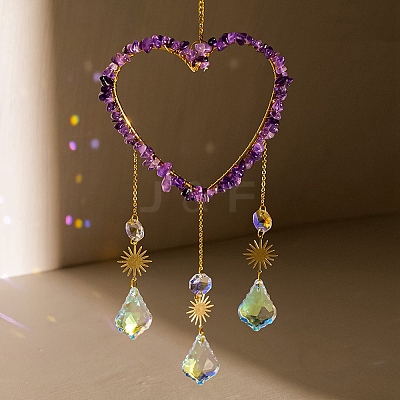 Heart Natural Amethyst Chips Hanging Ornaments HJEW-G024-01D-1