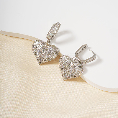 French Style Heart Brass Clear Cubic Zirconia Hoop Earrings OS1413-1-1