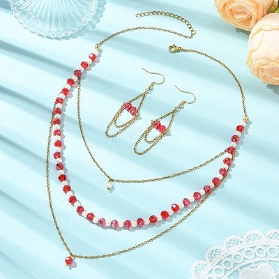 Rondelle 304 Stainless Steel & Glass Beaded Layered Necklace and Earring Set Set for Women SJEW-JS01384-1