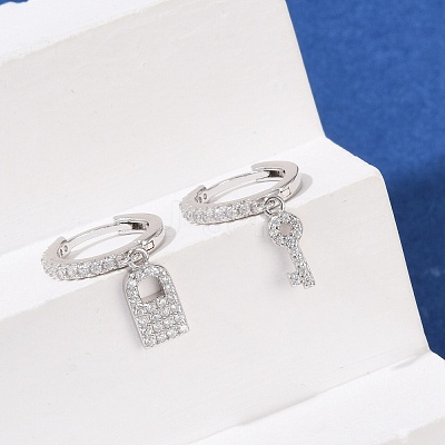 Lock & Key 925 Sterling Silver Micro Pave Clear Cubic Zirconia Hoop Earrings for Women EJEW-G427-01P-03-1