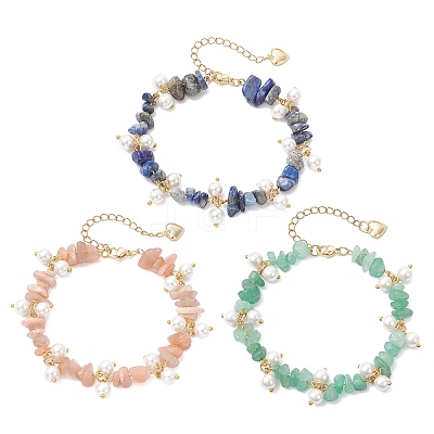 3Pcs Natural Green Aventurine & Sunstone & Lapis Lazuli Chip Beaded Bracelets for Women BJEW-JB12301-1