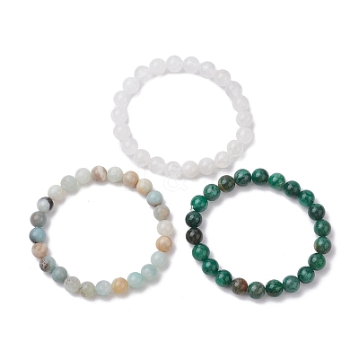 3Pcs 3 Styles Natural Mixed Gemstone Round Beaded Stretch Bracelets Set BJEW-JB10139-02-1