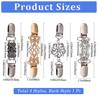 4Pcs 4 Styles Rectangle Zinc Alloy & Iron & Rhinestone Cardigan Clips AJEW-GF0010-43-1