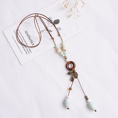 Ethnic Alloy Leaf & Porcelain & Wood Ring Pendant Adjustable Y Necklaces for Women FS-WG89735-01-1