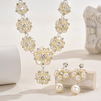 Flower Alloy Crystal Rhinestone & Plastic Pearl Link Chain Necklaces & Stud Dangle Earrings Sets FS-WGC22CC-02-1