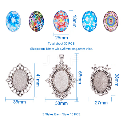 Tibetan Style Alloy Pendant Cabochon Settings and Mosaic Printed Glass Oval Cabochons TIBEP-PH0004-34AS-1