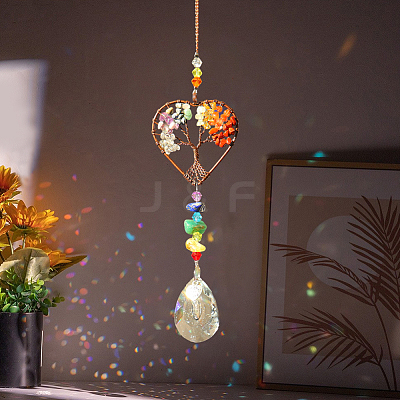 1Pc Natural Mixed Stone Chip Wrapped Heart with Tree of Life Hanging Ornaments HJEW-DJ0001-15A-1