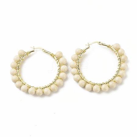 Natural Fossil Beaded Hoop Earrings for Women EJEW-C003-03J-RS-1