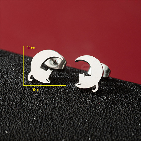 Stainless Steel Moon & Cat Shape Stud Earrings PW-WG97D36-02-1