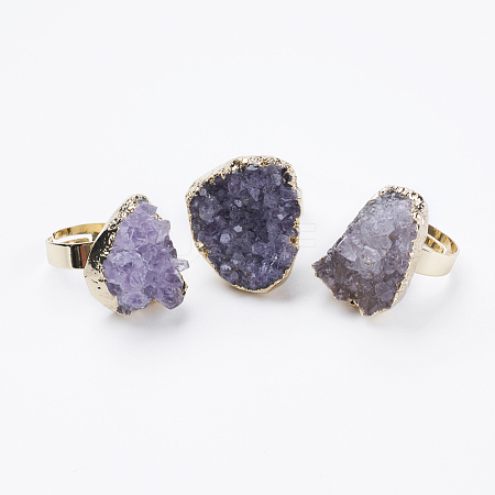 Adjustable Natural Druzy Amethyst Finger Rings RJEW-E146-01-1