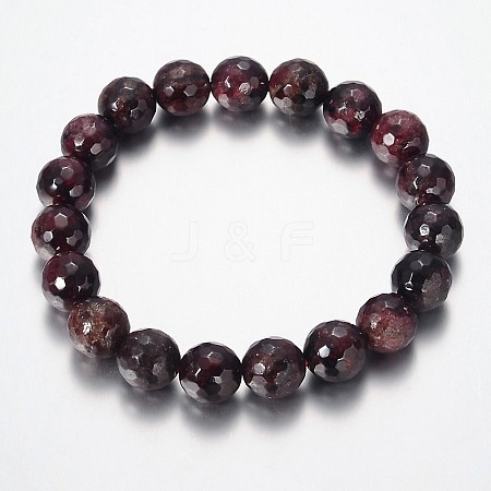 Faceted Natural Garnet Round Bead Stretch Bracelets BJEW-JB09123-1