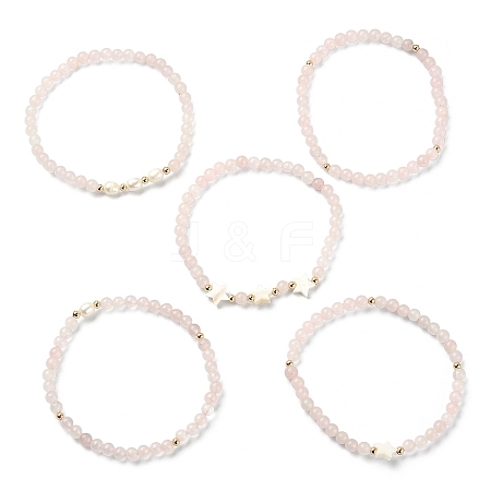 5Pcs 5 Style Natural Rose Quartz & Pearl & Shell Star Beaded Stretch Bracelets Set BJEW-JB09495-01-1