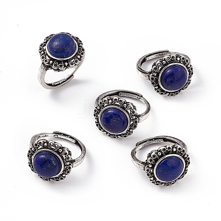 Flower Natural Lapis Lazuli Adjustable Rings RJEW-E067-08AS-01-1