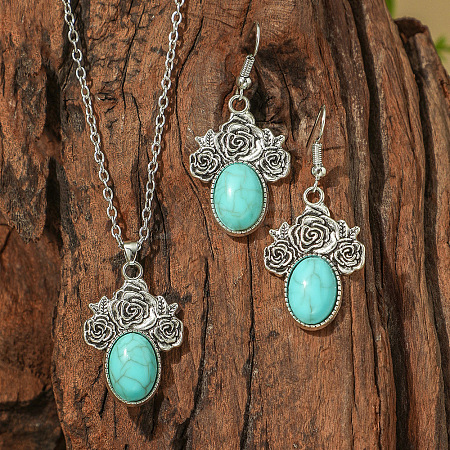 Bohemian Style Alloy & Synthetic Turquoise Pendant Necklaces & Dangle Earrings Sets WG2E1B4-03-1